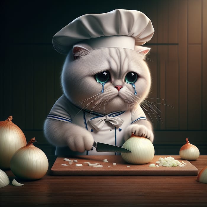 Realistic British Cat Cutting Onions | Chubby Chef Cat with Blue Tears