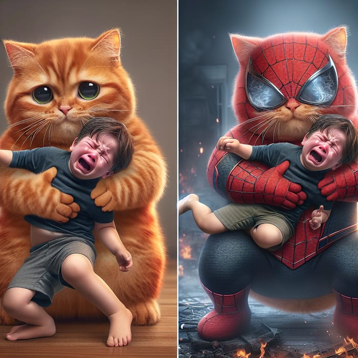 Real Life Hero: Cartoonish Chubby Ginger Cat Saves Boy in Spiderman Costume