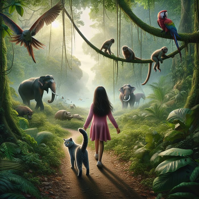 Realistic Jungle Scene: Girl and Cat in Wilderness