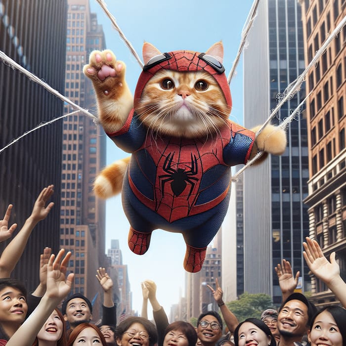 Realistic Spider-Cat Swinging Among Tall Buildings - Chubby Ginger Feline Superhero