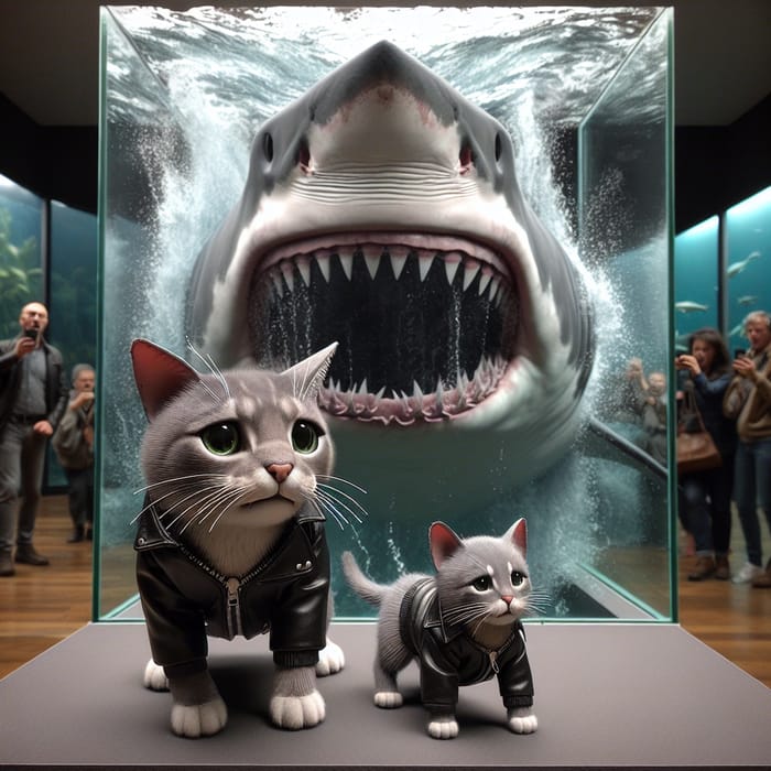 Realistic Grey Tomcat and Kitten in Aquarium disaster