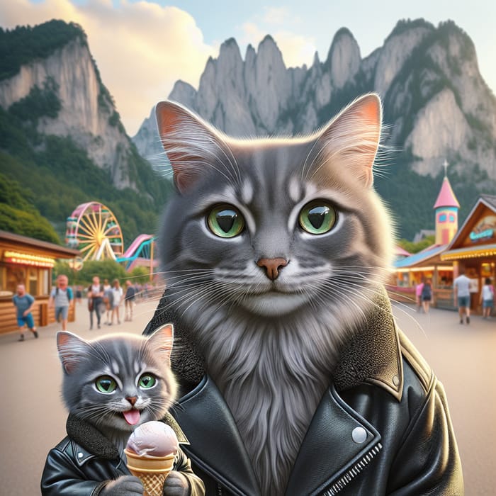 Adorable Real-Life Grey Cat and Kitten in Amusement Park