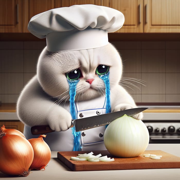 Chubby British Cat Chef Cutting Onion with Realistic Green Eyes