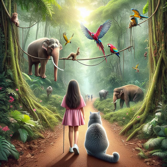 Hyperrealism Jungle Encounter with Girl and British Shorthair Cat