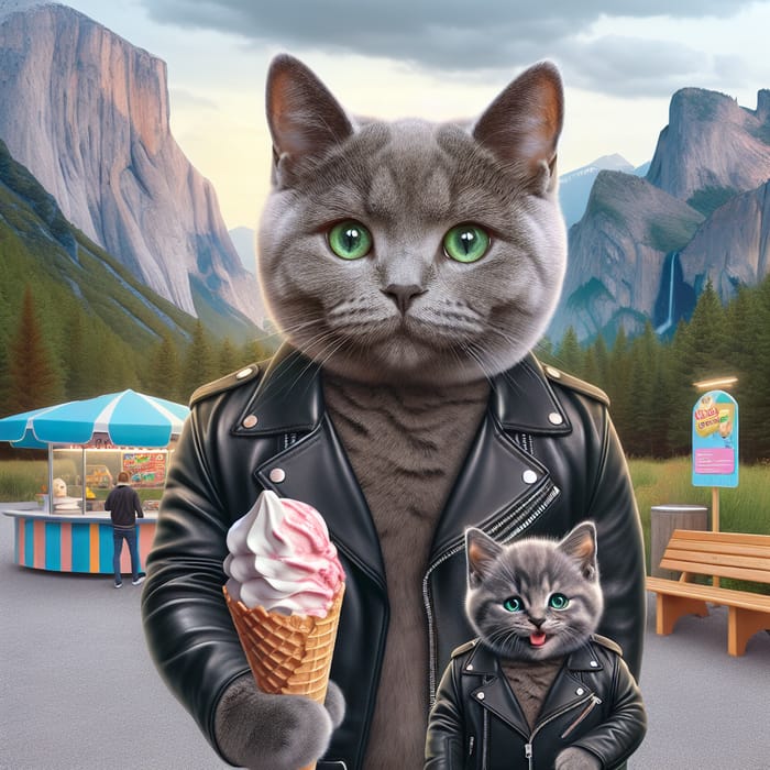 Realistic Gray Cat and Kitten in Leather Jackets at Nature Park