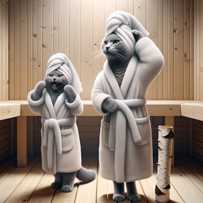 Realistic Grey Cats in Sauna | Fun Scene with Towel