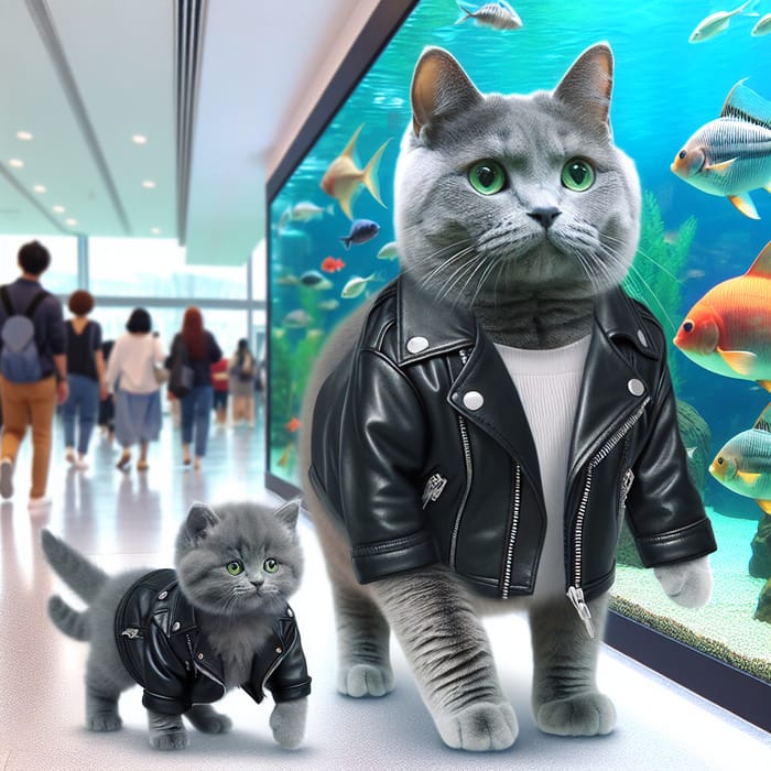 Adorable Grey Cat and Kitten in Aquarium Watching Fish