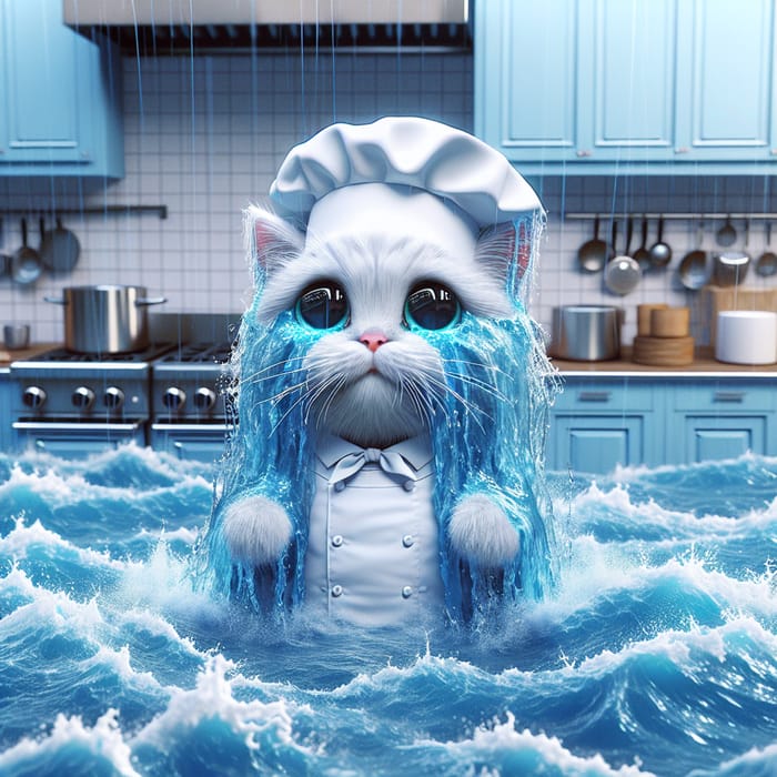 Adorable Chubby White British Cat Chef in Blue Flood
