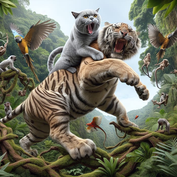 Life-and-Death Struggle: Grey British Cat vs Massive Tiger