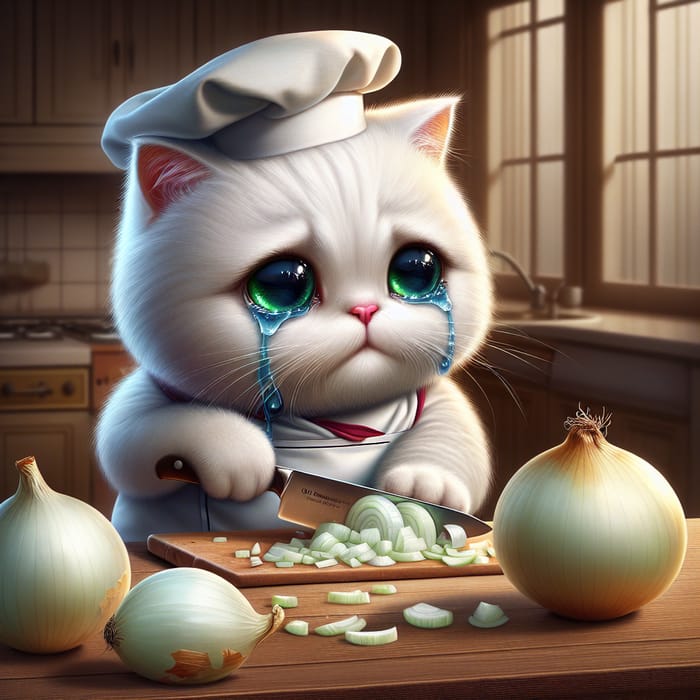 Cute British Cartoon Cat in Chef Costume Cutting Onions