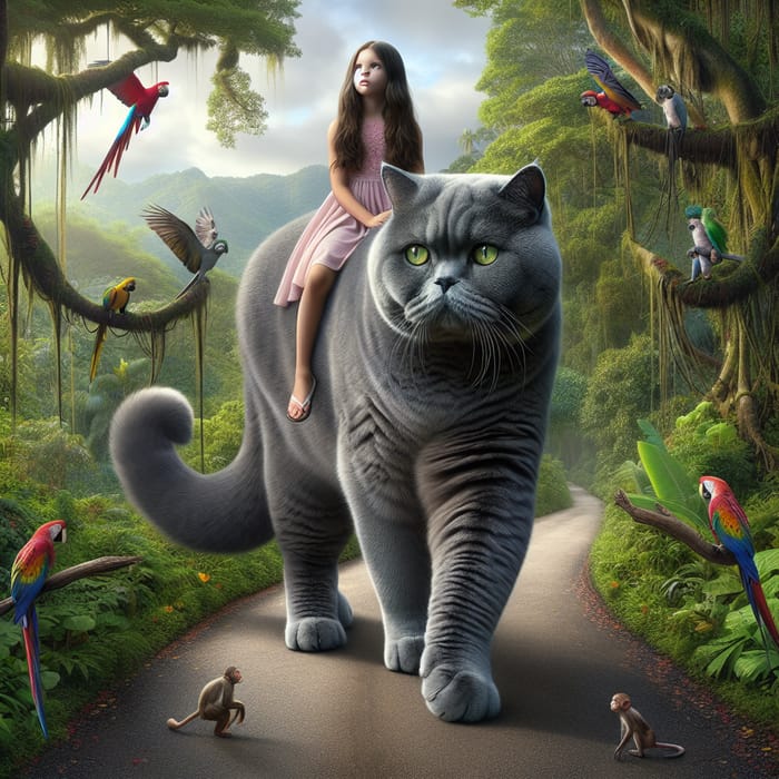 Incredible Realism: Majestic British Cat with Girl in Pink Dress and Wild Jungles