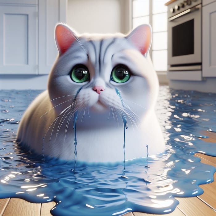 Realistic Flooded Kitchen: Cute Chunky British Cat with Green Eyes