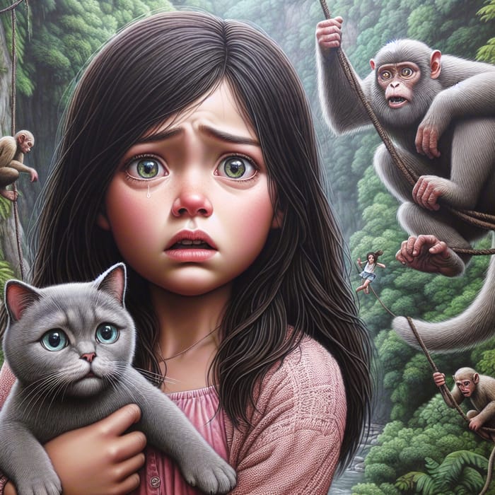 Fearful Girl Climbing Mountain with Grey Cat - Realism & Esthetics