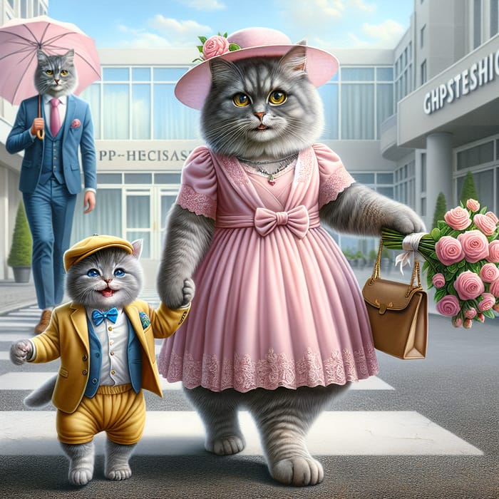 Realistic Family Cats in Stylish Outfits with Flower Bouquet