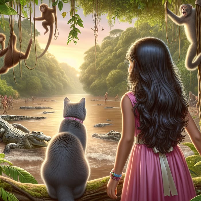 Hispanic Girl and Gray Cat in Jungle with Crocodiles