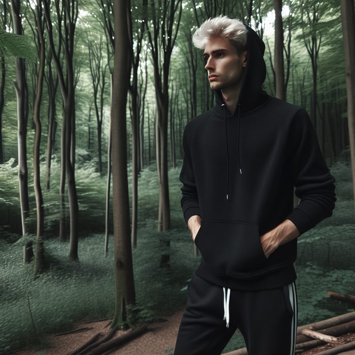 Relaxed White-haired Man in Black Hoodie by Lush Forest