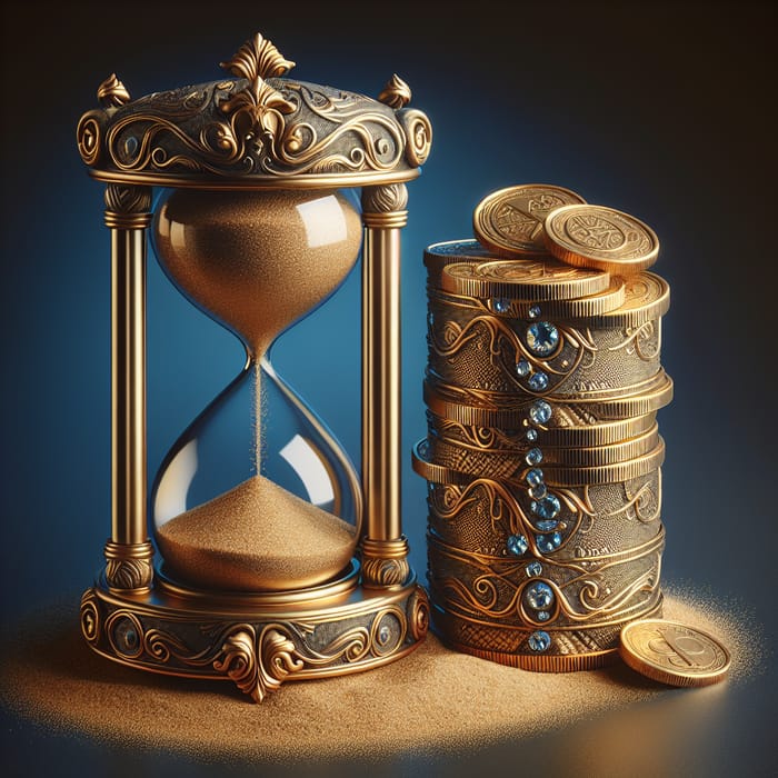El Tiempo es Dinero - Symbolic Artwork of Sand Clock and Gold Coins