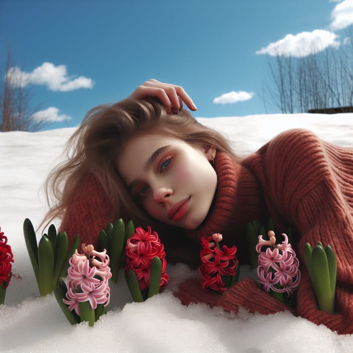 Young Woman Resting on Snow Surrounded by Blooming Red Hyacinth Flowers
