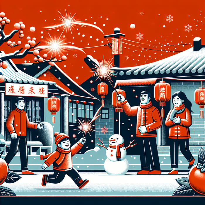 Snowy Village Scene with Chinese Family, Snowman, and Festive Decor