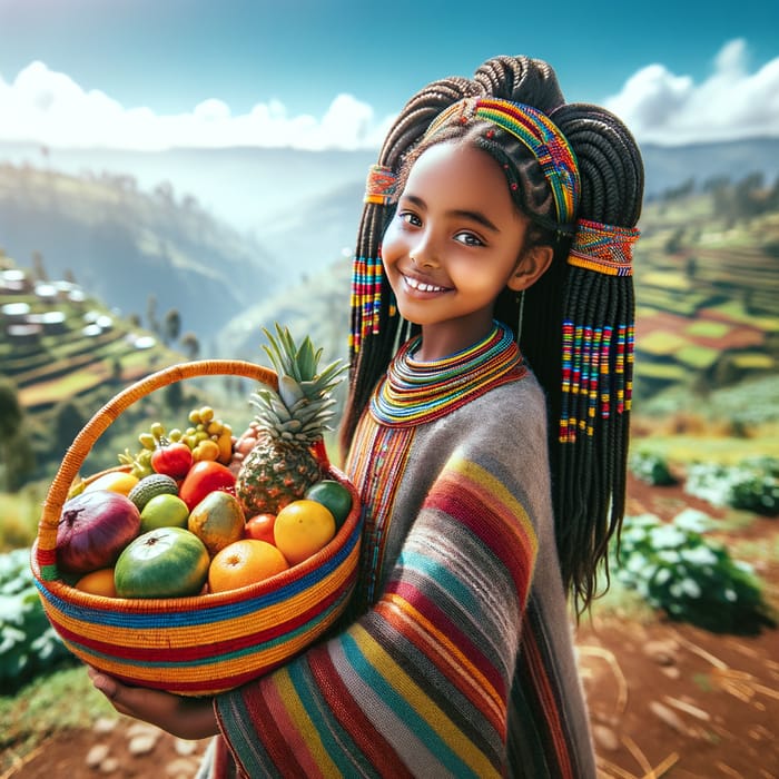 Butyl Ethiopian Girl with Fruits Outdoors