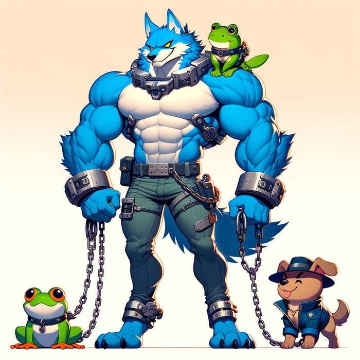 Futuristic Blue Werewolf Dominating with Pet Frog and Dog
