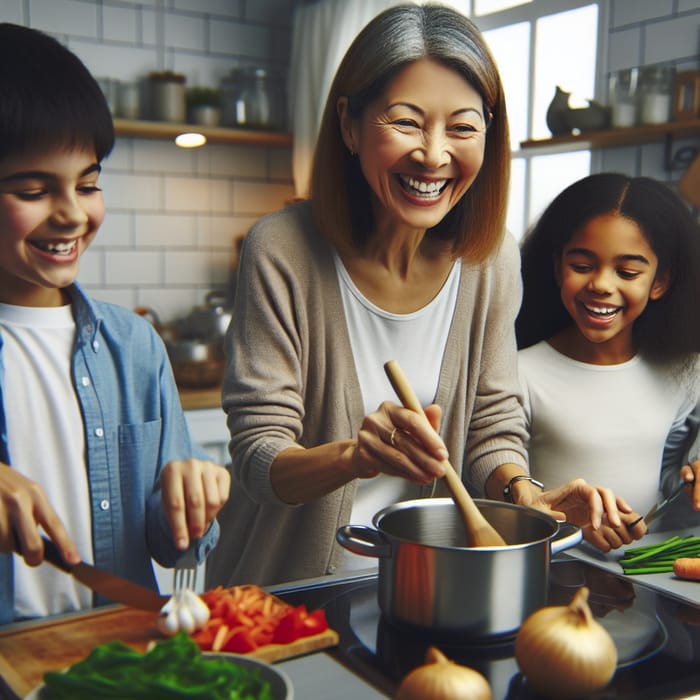 Family Cooking: Mom and 3 Kids Preparing Dinner Joyfully