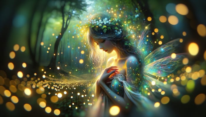 Enchanting Forest Nymph Embraced by Fireflies
