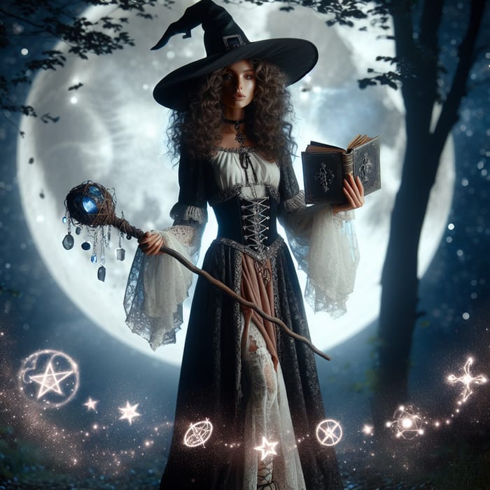 Mystical Curly-Haired Witch Casting Enchanting Spell