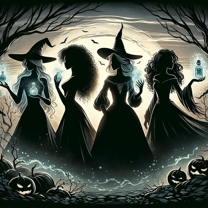 Enchanting Scene of Four Witches with Sparkling Magic Water Bottles