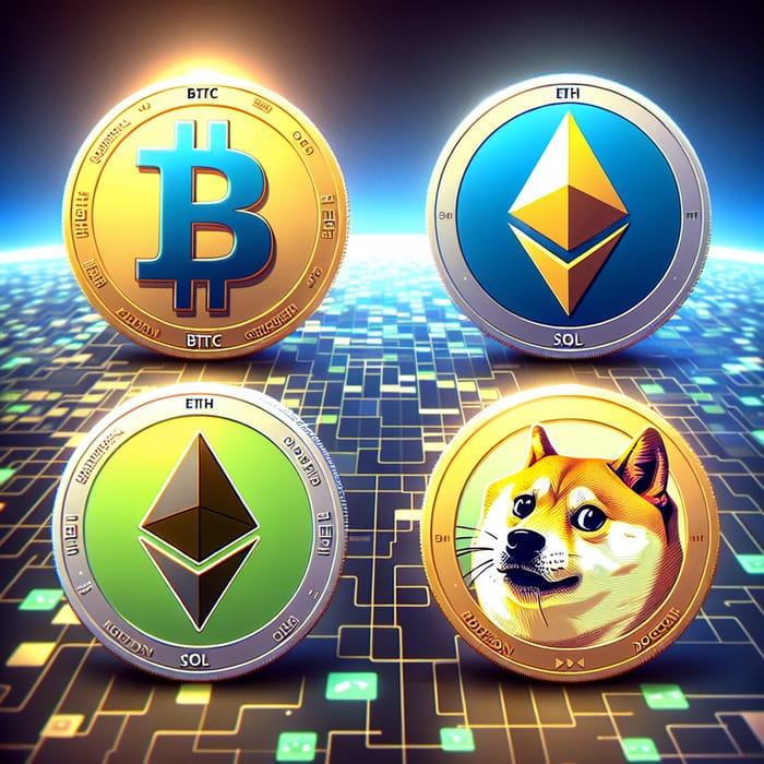 Cryptocurrency Symbols: BTC, SOL, ETH, DOGE Image