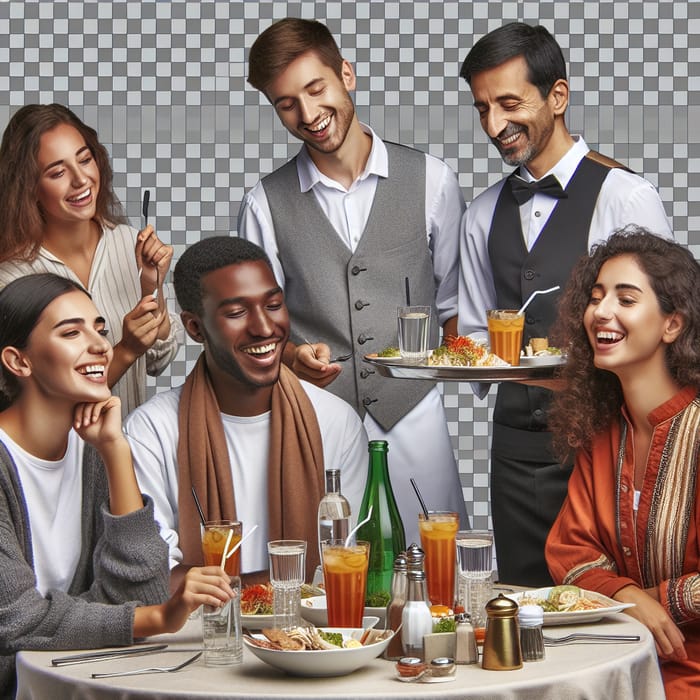Group of Diverse Friends Dining at Buzzing Restaurant with Smiling Waiter