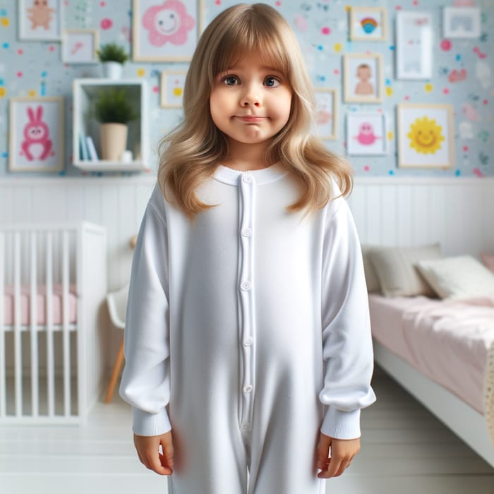 Confused Caucasian Girl in Bright Child-Friendly Bedroom