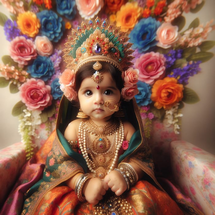 Precious Baby Girl as Mata Laxmi, Traditional Jewelry, Floral Backdrop
