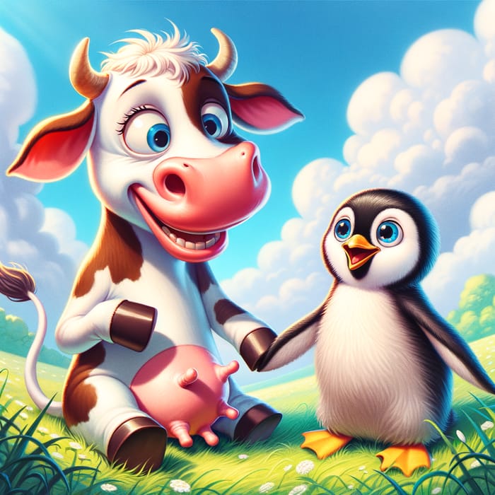 Whimsical Cow and Penguin Friendship Illustration