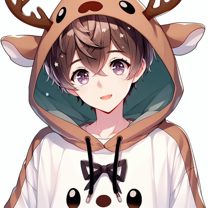 Anime Boy with Dark Blonde Hair in Reindeer Hoodie and Sparkling Eyes
