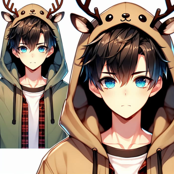 Casual and Playful Anime Boy with Reindeer Hoodie