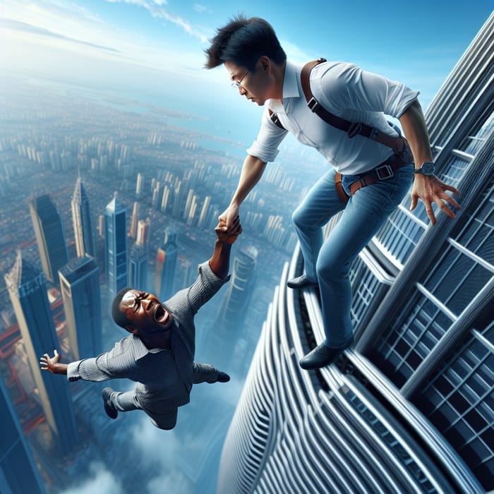 Dramatic Skyscraper Rescue: Inspiring Asian Man Saves African in Bold Leap
