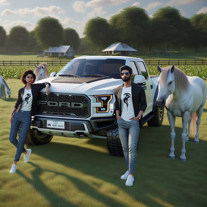 White Ford Raptor Truck with Couple & Horses in Natural Field Scene