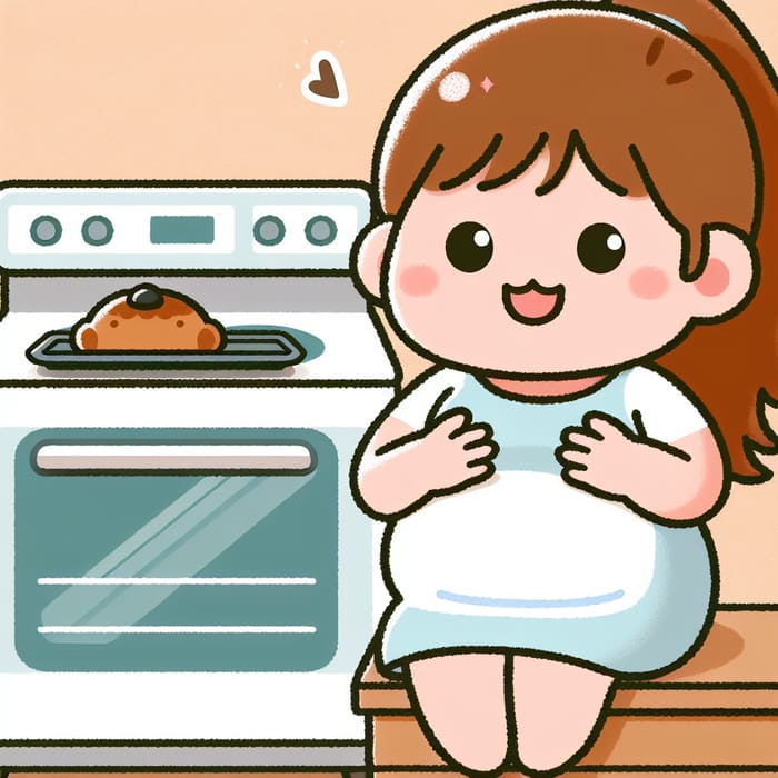 Joyful Chubby Man with Brown Hair Sitting by Oven
