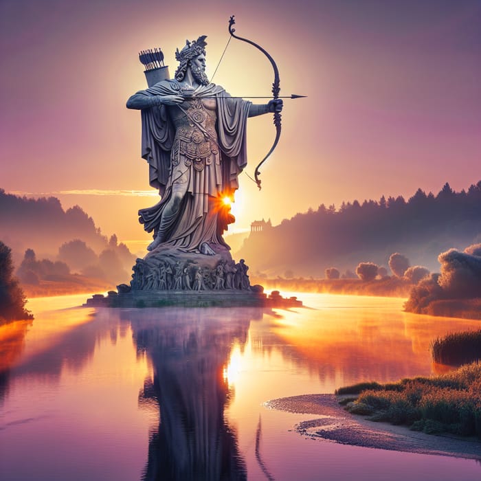 Towering Statue of Dedication by River | Ethereal Sunrise Scene