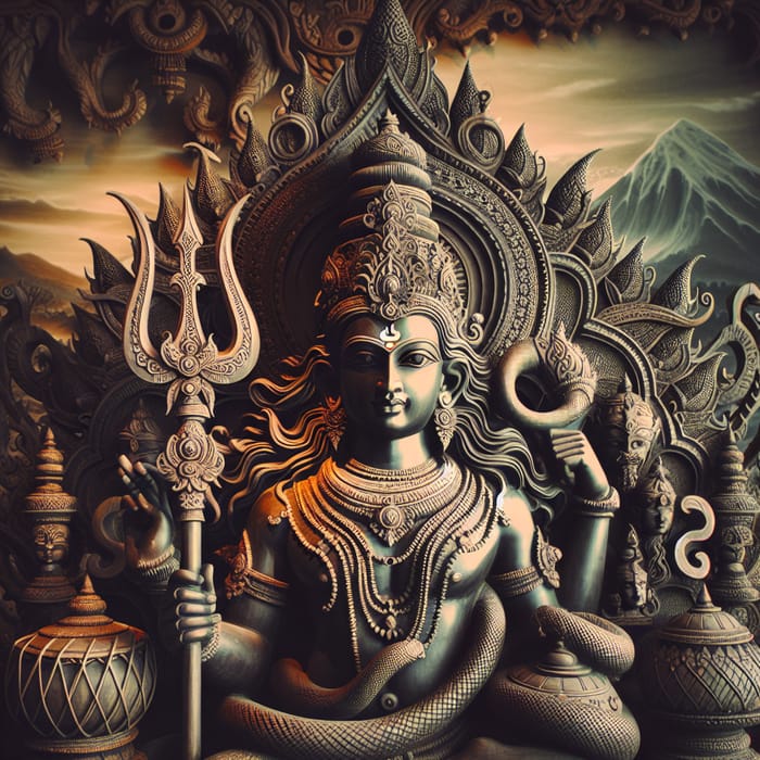 Intricately Carved Mahadev Statue with Trident and Traditional Accessories