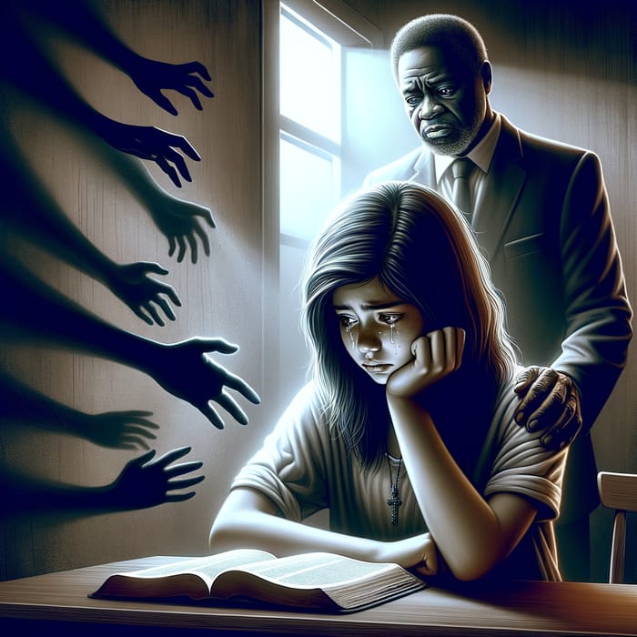 Empowering Illustration of a Distressed African Descent Teenager with Symbolic Shadows
