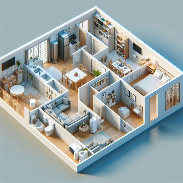 Efficient 3D Apartment Groundplan with Kitchen, Living Room, Bedroom, Bathroom & Extra Toilet
