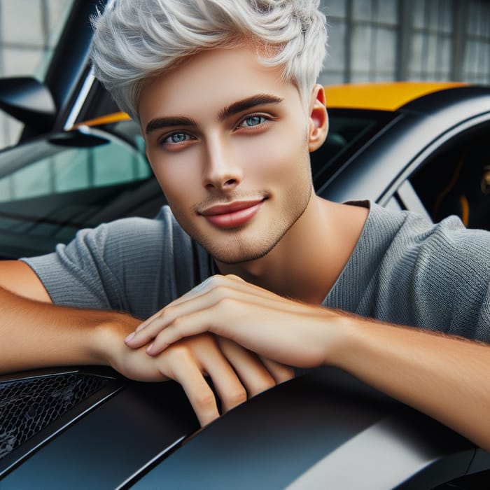Young Man with White Hair on Luxurious Lamborghini