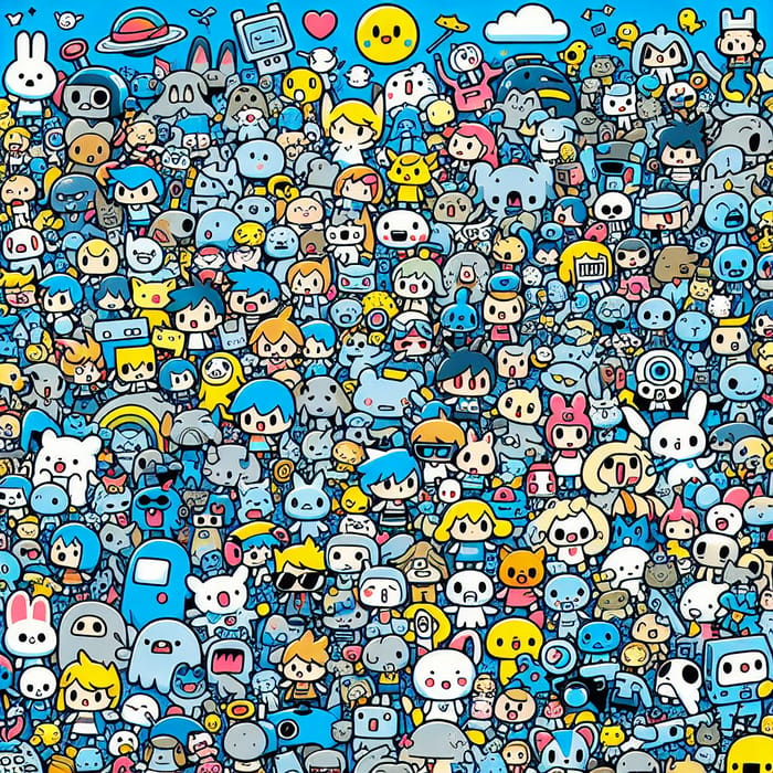 Many Cartoon Characters on Blue Background