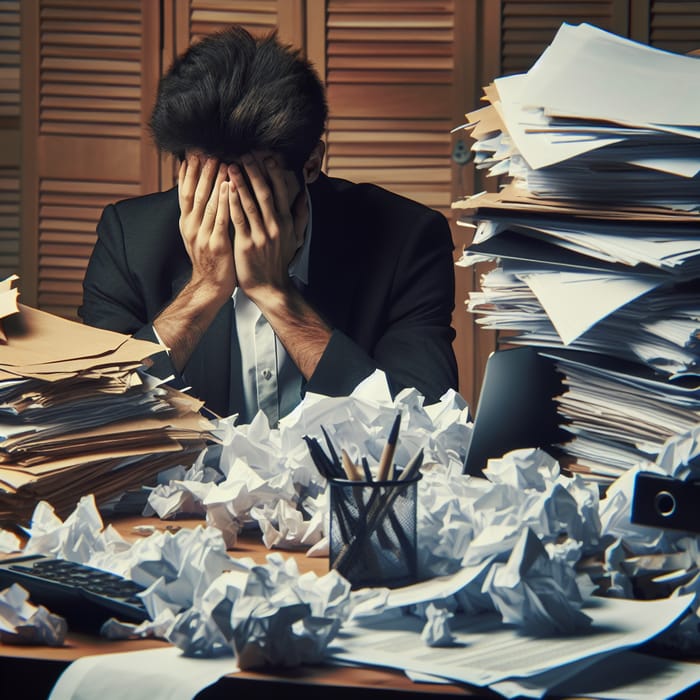 Stressed Hispanic Man Overwhelmed at Messy Desk