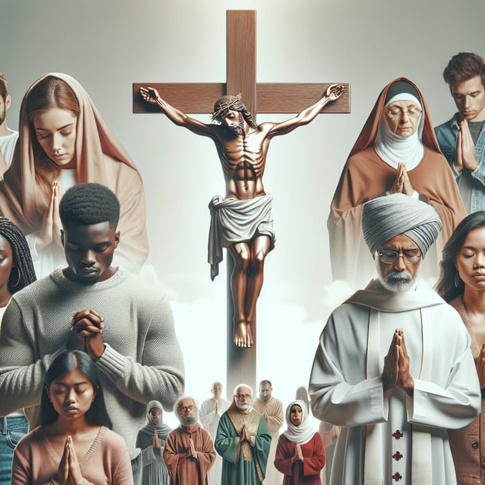 Devoted Individuals from Various Ethnicities Gathered around Crucifix
