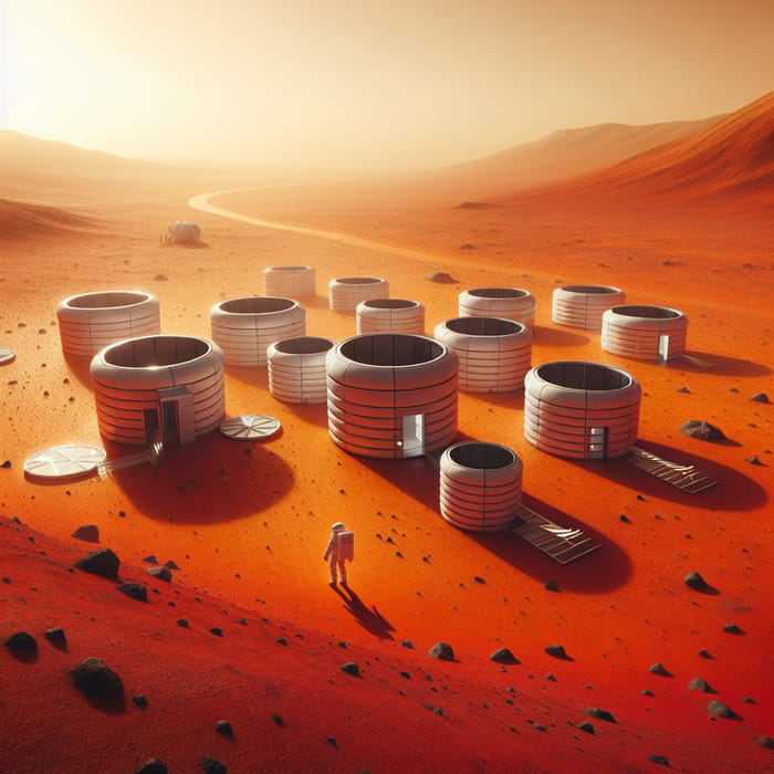 Minimalistic Mars Colony: Astronaut Explores Red Landscape