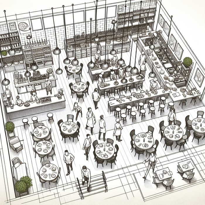 Detailed Restaurant Interior Layout Sketch | Stunning Restaurant Design