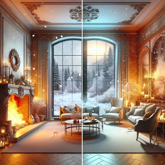 Cozy Winter Room with Large Windows, Warm Interior, and Snowy Ambiance